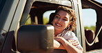 Window, road trip and woman in car, tourism and excited for journey in vehicle, happiness and holiday. Thinking, tourist and person in transport for commuting, travel and girl with smile on vacation