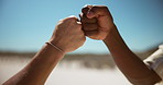 Outdoor, fist bump and men with support, partnership and thank you with cooperation. Travel, closeup and people with hand gesture, greeting and hello with nature, goals and unity with motivation