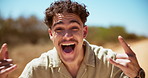 Crazy, nature and face of man with tongue out for vacation, spring break or holiday in Portugal. Goofy, laughing and portrait of male person with funny facial expression for weekend trip outdoor.