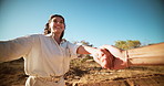 Pov, holding hands and couple with love, countryside and bonding together with happiness. People, man and woman with relationship, celebration for anniversary and marriage with care, travel and smile