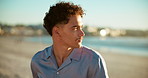 Man, relax and sunset at beach with thinking, calm and fresh air with travel. Person, daydreaming and face at ocean with peace, vacation break and reflection for mindfulness with space at seaside