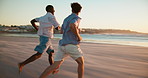 Running, beach and men with vacation, back and travel with cardio, bonding together and excited. People, seaside and friends with happiness, nature and ocean with summer holiday smile and Zanzibar