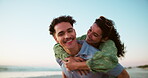 Sea, piggyback and couple on vacation, trip and exploration in nature for romance, people and together. Outdoor, tourist and playful on date at beach, man and woman on holiday for tourism or travel