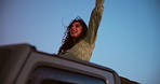 Travel, freedom and woman with celebration in car for holiday break, fresh air or summer journey. Vacation, excited girl and road trip with sunroof for outdoor breeze, dancing or adventure in vehicle
