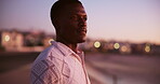 Black man, relax and thinking on beach outdoor in summer, planning travel and vacation memory. Male person, thoughts and peace of reflection, calm morning and weekend break of holiday trip in Florida