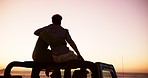 Road trip, hug and couple at sunset for view, car travel adventure or mockup space on holiday. Back, care or silhouette of people on vacation break for bonding, love or romantic outdoor date together