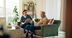 Home, old man and nurse on couch, clipboard and support with routine checkup. Senior patient, medical history and professional with documents. conversation or healthcare with consultation or symptoms