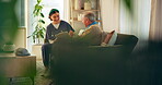 Senior man, nurse and communication with clipboard, support and healthcare for retirement. Patient, caregiver and therapy with checklist for nursing home, rehabilitation and medical elderly care