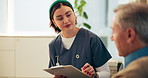 Home, old man and nurse with clipboard, consultation and conversation with routine checkup. Senior patient, medical and professional with documents, support and healthcare with symptoms and wellness