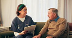 Home, old man and nurse with clipboard, symptoms and conversation with medical history. Senior patient, support and professional on sofa, documents and healthcare with consultation, checklist or talk
