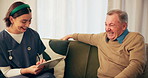 Home, old man and nurse with clipboard, laughing and conversation with routine checkup. Senior patient, medical or professional with documents, funny or healthcare with consultation, symptoms or joke