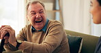 Laughing, conversation and senior man on sofa with daughter for memory, reflection or reminiscing. Happy, bonding and elderly male person with dementia relaxing with woman for connection in home.