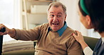 Senior man, nurse and empathy with cane, support and healthcare for retirement. Patient, caregiver and person with a disability for nursing home, rehabilitation and medical elderly care or therapy