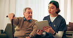 Tablet, senior man and caregiver in home for consultation, diagnosis information and feedback on sofa. Healthcare, nurse and old patient with disability for arthritis update, walking stick or talking