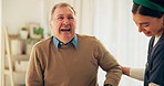 Help, walking and nurse with elderly man in home for assisted living, medical service and care. Retirement, healthcare and caregiver with senior person for mobility, support and recovery with cane