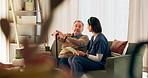 Senior man, nurse and discussion with cane, support and healthcare for retirement. Patient, caregiver and person with a disability for nursing home, rehabilitation and medical elderly care and help