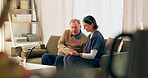 Senior man, nurse and tablet with checklist, support and healthcare for retirement. Patient, caregiver and therapist with technology for nursing home, rehabilitation and medical elderly care and help