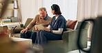 Elderly man, nurse and tablet with checklist, support and healthcare for retirement. Patient, caregiver and therapist with technology for nursing home, rehabilitation and medical senior care and help