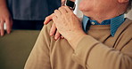 Hands, senior patient and nurse with support for healthcare service, empathy or trust after diagnosis. Closeup, old man or caregiver with kindness, elderly care or wellness on sofa in retirement home