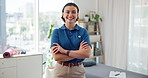 Physiotherapy, happy and face of woman with crossed arms for wellness, medical service and physical therapy. Healthcare, professional and portrait of person for rehabilitation, recovery and career
