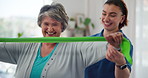Physiotherapy, resistance band and help with old woman in clinic for consulting, stretching and fitness. Orthopedic, physical therapy and healing with patient in office for workout, health or support