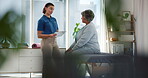 Consulting, physiotherapy and clipboard with old woman in clinic for medical history, advice and healing. Discussion, treatment plan and rehabilitation with patient and doctor in office for health