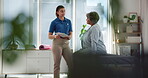 Consulting, physiotherapy and advice with old woman in clinic for medical history, clipboard and healing. Discussion, treatment plan and rehabilitation with patient and doctor in office for health