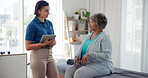 Consulting, physiotherapy and tablet with old woman in clinic for medical history, advice and healing. Discussion, treatment plan and rehabilitation with patient and doctor in office for health