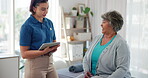 Discussion, physiotherapy and tablet with old woman in clinic for medical history, advice and healing. Consulting, treatment plan and rehabilitation with patient in office for health and insurance