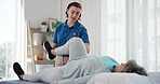 Physiotherapy, stretching and leg pain with old woman in clinic for consulting, help and fitness. Rehabilitation, physical therapy and healing with people in office for workout, health and joint