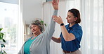 Physiotherapy, elderly woman or stretch arm in practice for rehabilitation, mobility exercise or healing. Specialist, senior patient or support for arthritis with muscle development, care or recovery