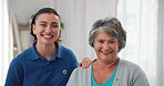 Face, senior patient or physiotherapist with smile for healthcare, consultation or about us in practice. Happy, elderly woman or specialist with support for client care, retirement service and trust