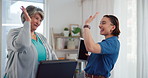 High five, senior woman and physiotherapist in office, treadmill and celebration with recovery. Physical therapy, mature patient or professional with hand gesture, healing or cooperation with support