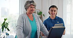 Treadmill, physiotherapy and monitor with old woman in clinic for heart rate, consulting and fitness report. Rehabilitation, cardio health stats and advice with people for tablet and patient results
