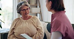 Senior woman, nurse and discussion with tablet on sofa, questions and survey for wellness in retirement home. Elderly person, talk and carer with digital touchscreen, application and health in lounge