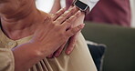 Hands together, support and caregiver with patient for comfort, disease diagnosis or counselling for illness. Closeup, shoulder or person in home with healthcare, advice or help for empathy or hope