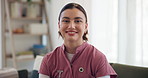Face, nurse and woman with smile on sofa for medical service, career pride and volunteer work. Healthcare, caregiver and happy professional in retirement home for assisted living and homecare support