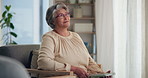 Senior woman, memory and book at nursing home in retirement with thinking and nostalgia. Happy, remember and relaxing elderly patient with idea and thoughtful daydream of past history with hope