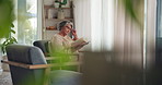 Peace, relax or elderly woman in home reading book for retirement, rest break or novel. Study, lounge or calm senior person with fiction story, literature or wisdom for knowledge, fantasy or hobby