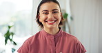 Woman, happy nurse and face in nursing home for healthcare, volunteer and confidence in living room. Therapist person, smile and portrait in clinic for medical support and trust if caregiver office