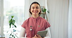 Woman, nurse and face in nursing home with tablet healthcare and confidence in living room. Happy therapist person, smile and portrait in clinic for medical support and trust if caregiver office