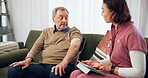 Woman, nurse and senior man with tablet for healthcare, checkup and exam in nursing home. Doctor, digital checklist and people for medical support, appointment and mature patient with caregiver