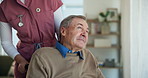 Healthcare, caregiver and person with disability, nursing home or senior care for patient in wheelchair. Think, medical professional and helpful for rehabilitation in clinic, nurse or assisted living