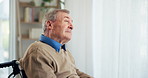 Senior man, thinking and wheelchair in home with memory, nostalgia and recovery from injury in retirement. Elderly person with disability, perspective and rehabilitation process for mobility at house