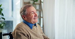 Senior, wheelchair and man with thinking in home for happy memory, remember old life and rehabilitation hope. Retirement, elderly and person with disability, nostalgia and daydreaming in living room