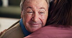 Nurse, senior man and hug with empathy, smile and healthcare for retirement. Patient, caregiver and pensioner in nursing home, rehabilitation or elderly care for medical consulting and service