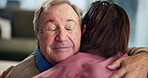 Nurse, mature man and hug with empathy, smile and healthcare for retirement. Patient, caregiver and pensioner in nursing home, rehabilitation or elderly care for medical consulting and service