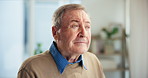Senior man, thinking and reflection in home, morning and nostalgia with memory in retirement. Elderly person, perspective and insight with gratitude, remember and mindset with decision at apartment
