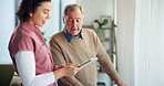 Nurse, tablet and senior man for healthcare, help or support in consultation. Tech, happy caregiver and patient in conversation for rehabilitation, medical care or test results on app in nursing home