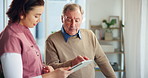 Nurse, tablet and mature man for healthcare, help or support in consultation. Tech, happy caregiver and patient in conversation for rehabilitation, medical care or test results on app in nursing home